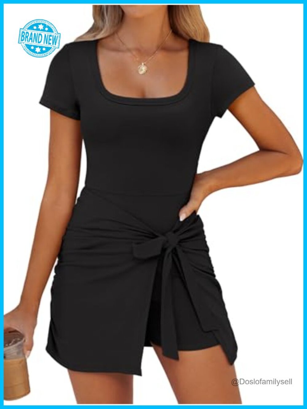 Women Short Sleeve Wrap Mini Romper Dress Built in Shorts Square Neck